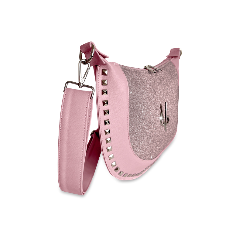 VG borsa mezzaluna rosa borchie & micro glitter