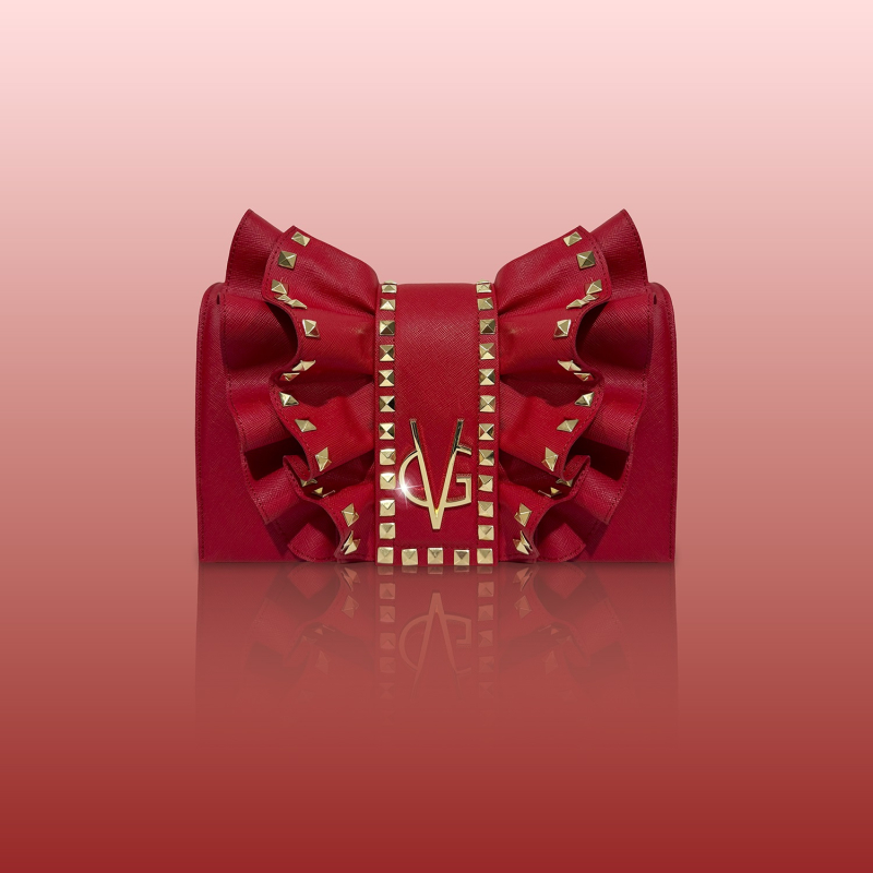 Wonderful Christmas -  Borsa a tracolla rossa  saffiano con rouches & borchie