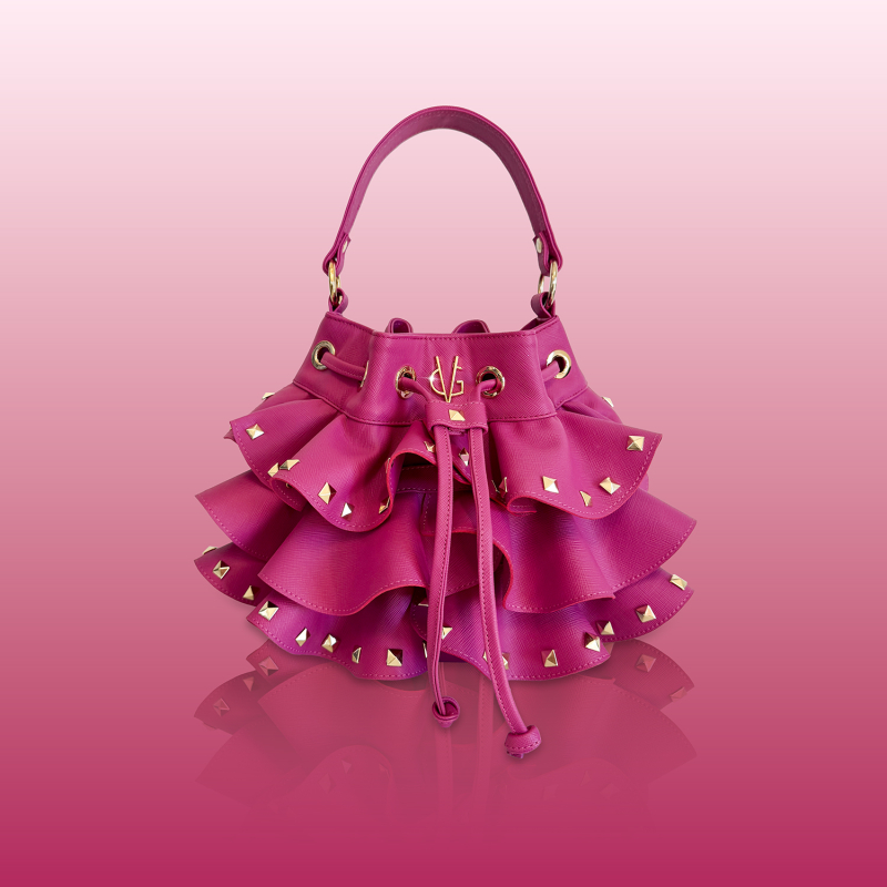 VG  Borsa secchiello piccolo fuxia con rouches & borchie