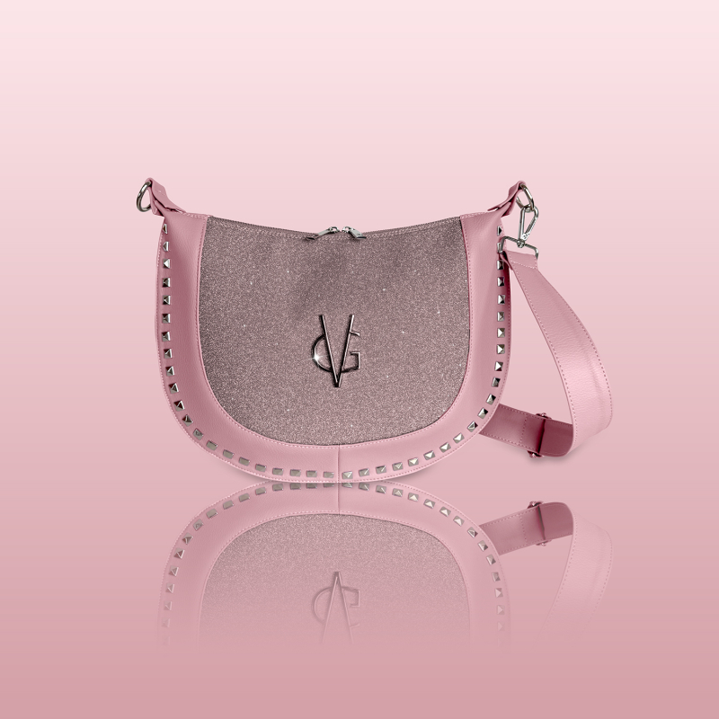VG borsa mezzaluna rosa borchie & micro glitter