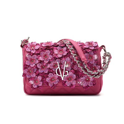 VG - Luxury Garden - borsa a spalla grande ciclamino & fiori glitter con cristallo