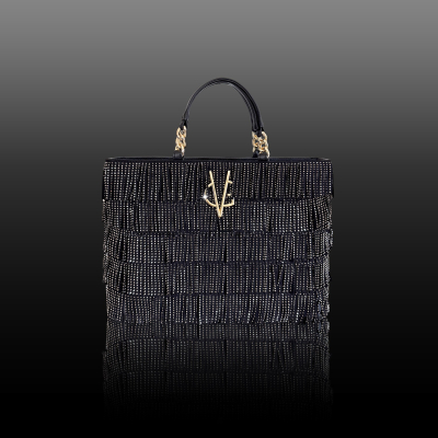 VG STARRY SKY - Borsa a mano grande nera e frange in cristalli