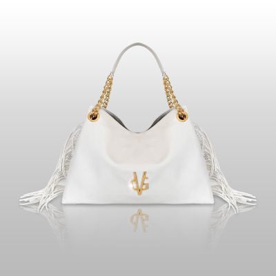 VG Shopper media bianco camelia con frange