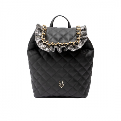 VG black quilted backpack and gray glitter frappa