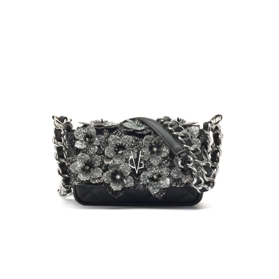 VG - Luxury Garden - borsa a spalla piccola nera & fiori glitter con cristallo