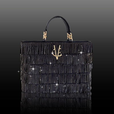 VG CRYSTAL CHARLESTON- large black handbag and crystal fringes