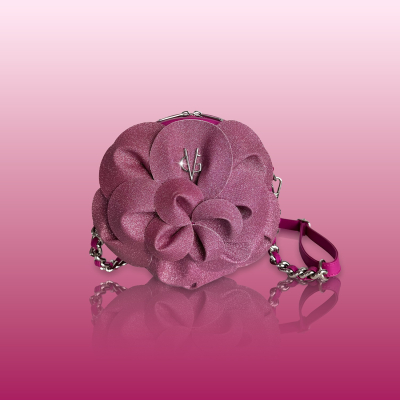 VG Tondino Camelia fuxia & petali in micro glitter